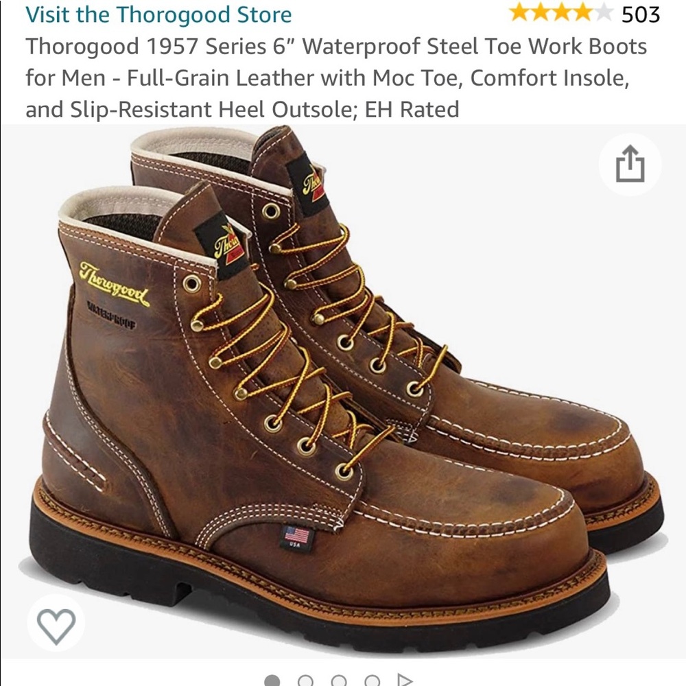 Thorogood 1957 series 6” waterproof, steel toe work boot.